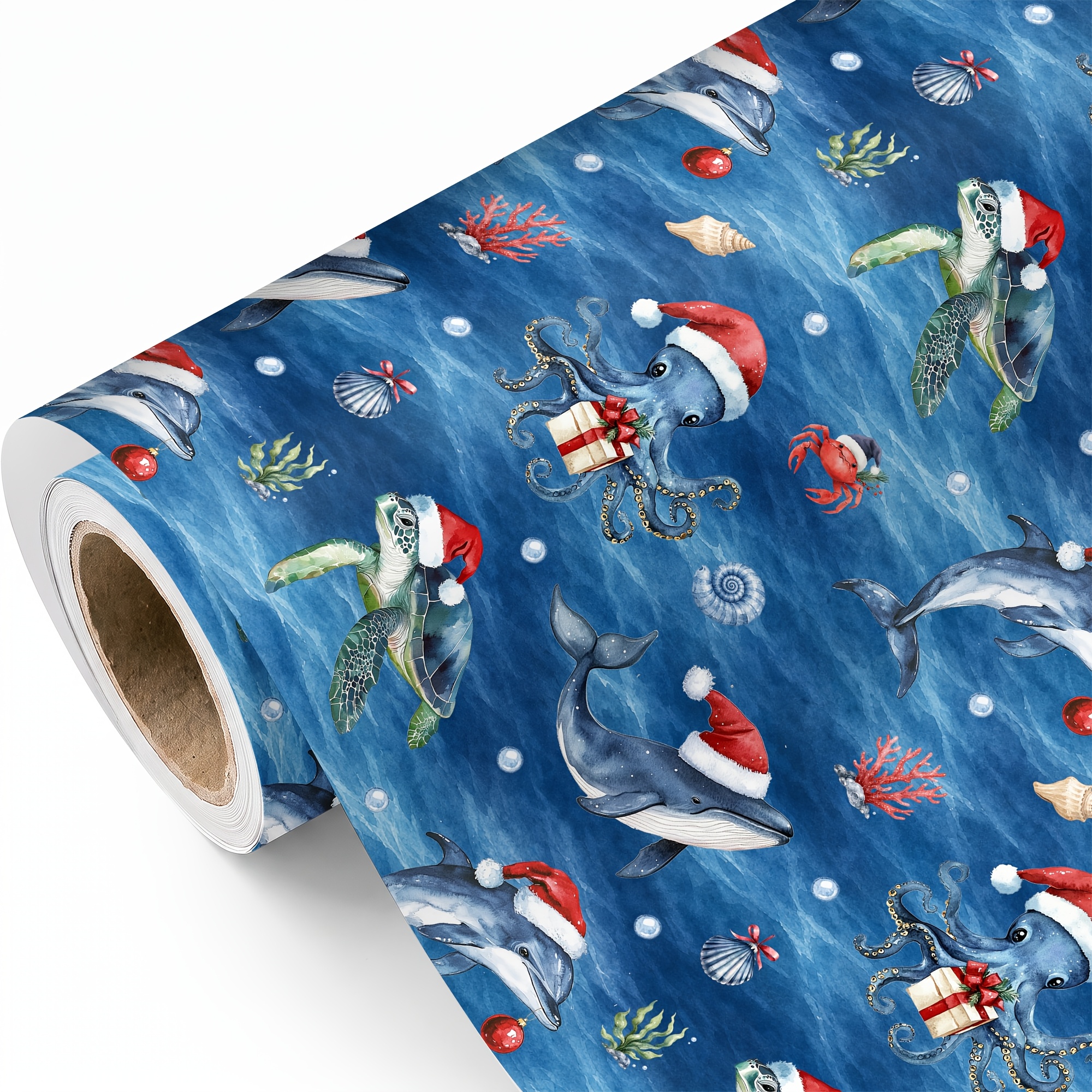 TEMU 1 Rouleau de sur le Thème Marin pour Noël, Emballage de Cadeaux de Fêtes avec Animaux (, , Tortue, , ) - Rouleau pour Boîtes Cadeaux,
