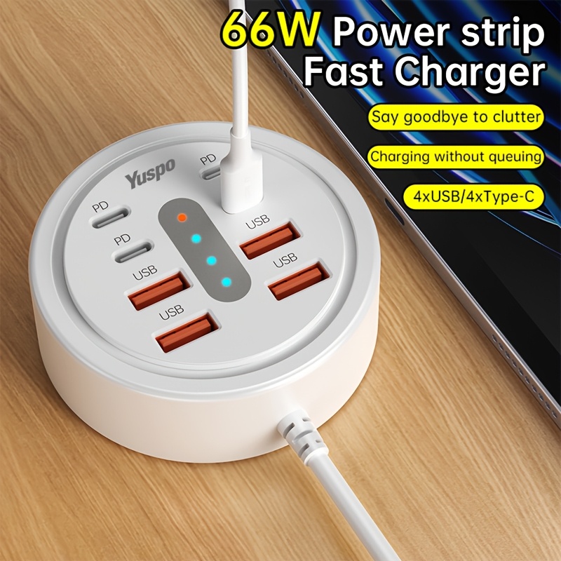 TEMU Yuspo Style Round 66w Fast Charger, Equipped With 4 -c Pd And 4 X Usb-a Ports, Multifunctional Charging Device For Phones, Supports Type-c