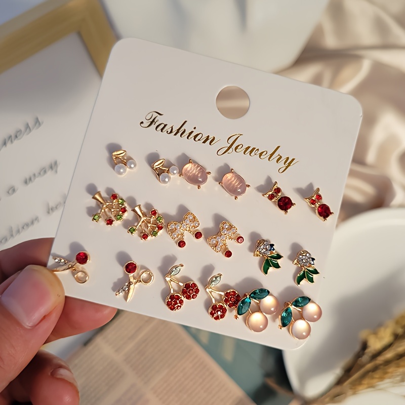 9 pares de pendientes, lindos y frescos, con tijeras, cerezas y más - Conjunto de varios piezas