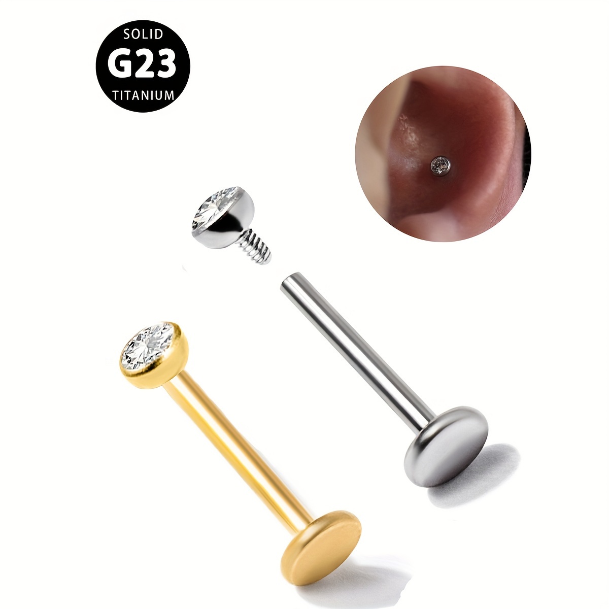 

G23 Titanium Labret Stud Earrings Stainless Steel No Plating With Zirconia - Unisex Piercing Jewelry For , Gifts, All - Solid Color Nose And Lip Set