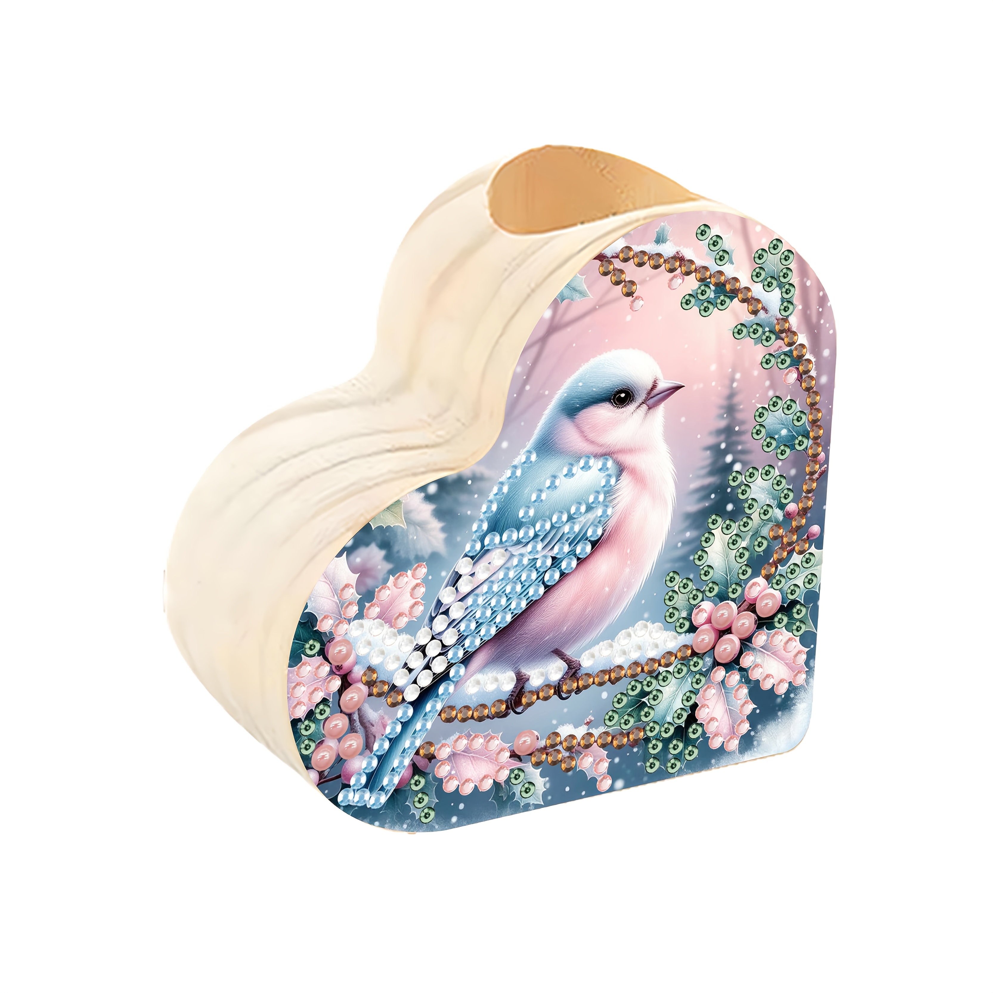 TEMU 1pc Diamond Painting Heart Candle Holder With Blue & Pink Birds On Branches - Wood Crystal Mosaic Art Table Centerpiece Suitable For Christmas,