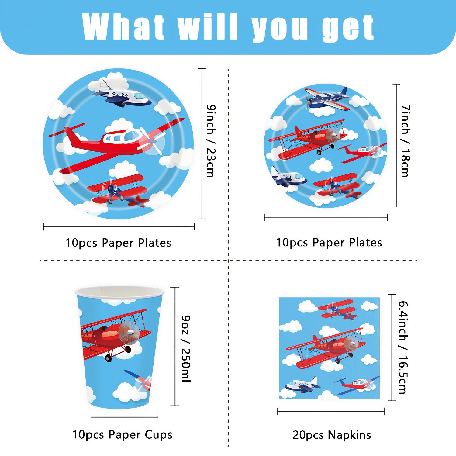 Image of Airplane Party Plates Napkins Tableware Set Plane Birthday Party Supplies Paper Paper Napkins And Cups Cake Dinnerware Fly Theme Table Decoration For Shower Birthday Party