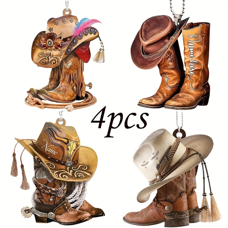 

Vintage Western Boot & Hat Acrylic Pendants Set Of 4, Multifunctional Hanging Ornaments For Car Interior, Keychain, Bag Charm, Seasonal Decor For Christmas, , Easter, Thanksgiving, New Year