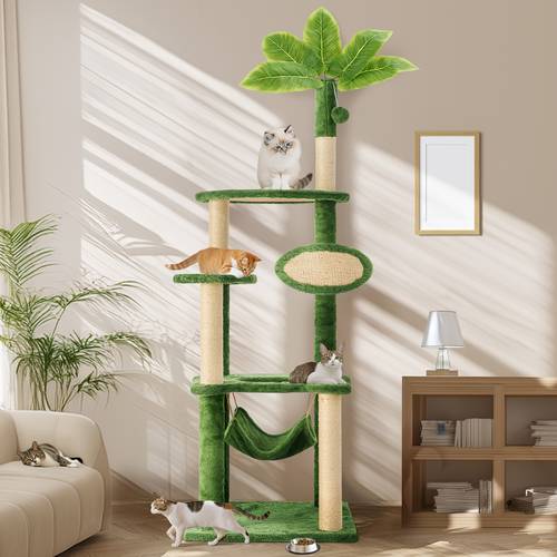 55 cat tree for indoor cats with green leaves multi level large cat tower for indoor cats with hammock toy and cat sisal scratching posts cat furniture for living room bed room kitchen