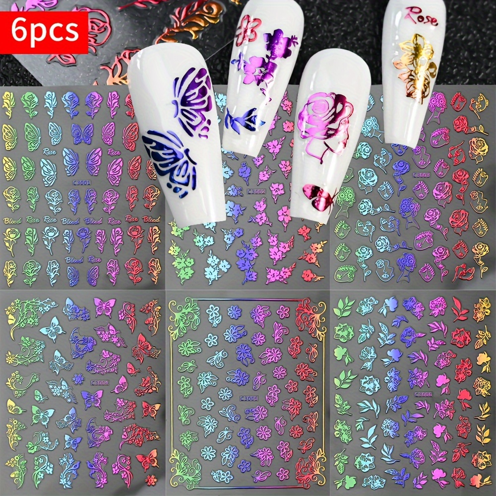 

6 Sheets 3d Laser Flower Nail Stickers, Self-adhesive Holographic Floral Butterflies Nail Art Decals, Nail Art Decorations Nail Supplies For Women Girls Manicure Diy