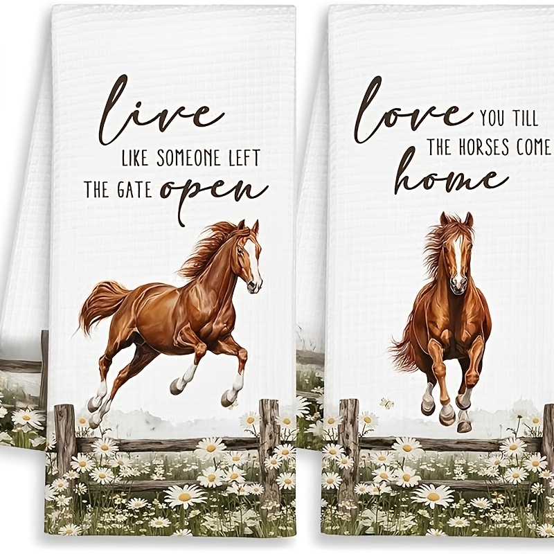 TEMU Farmhouse Fun Horse Pattern Kitchen Towel Set Of Two, "live Like Someone Left The Door Open" Decorative Napkins, Gift For Bathroom Or Farm,