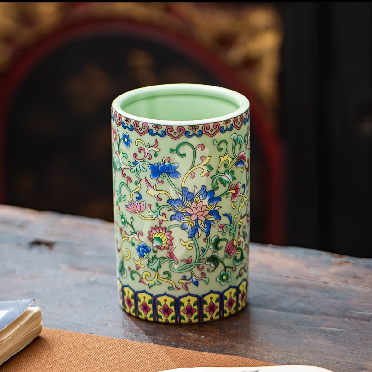 TEMU Vintage Chinese Blue And White Ceramic Vase - Retro Round Cylinder Enameled Flower Vase For Decor, Chinese New Year Gift, Elegant Table