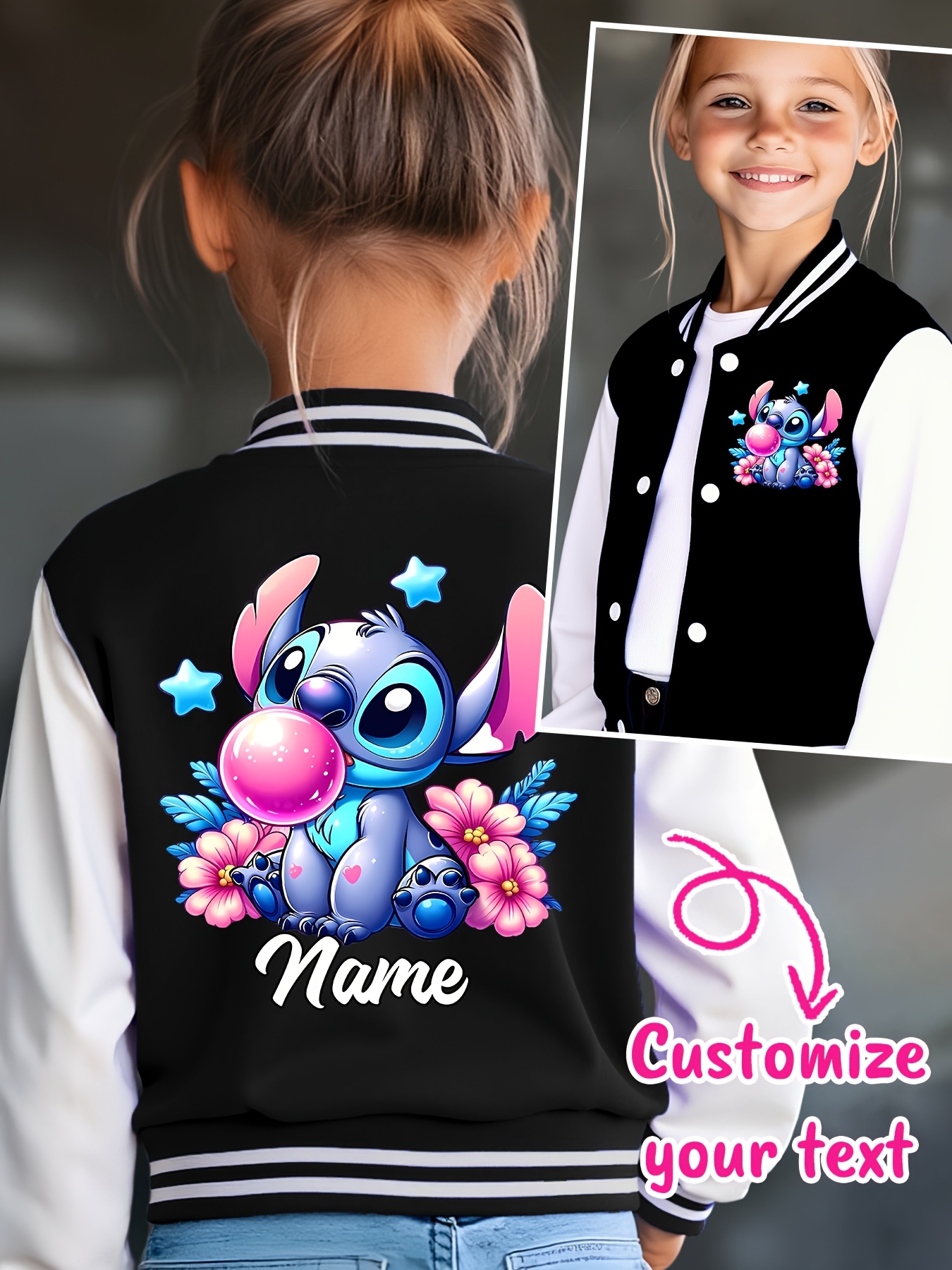 Customizable Stitch Girls' Baseball Jacket - Personalized Text, Autumn/Winter Casual Wear with Cute Stitch Print, Perfect for Halloween & Birthday Gifts, Kids Fashion Sportswear, Stitch Gifts, Festive Kids Clothing, Playful Kids Design, Durable Kids Clothing