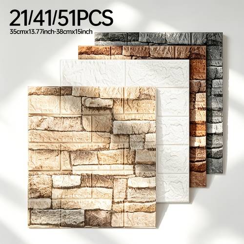 21/41/51pcs 3D Self- Wall Stickers- Foam Brick Pattern Wallpaper, Easy-to-Peel and Pre- Backing, Cut into Shapes and Sizes, Suitable for Ceilings, Living Room, Bedroom, Kitchen, Dining Room, Bathroom, Hallway