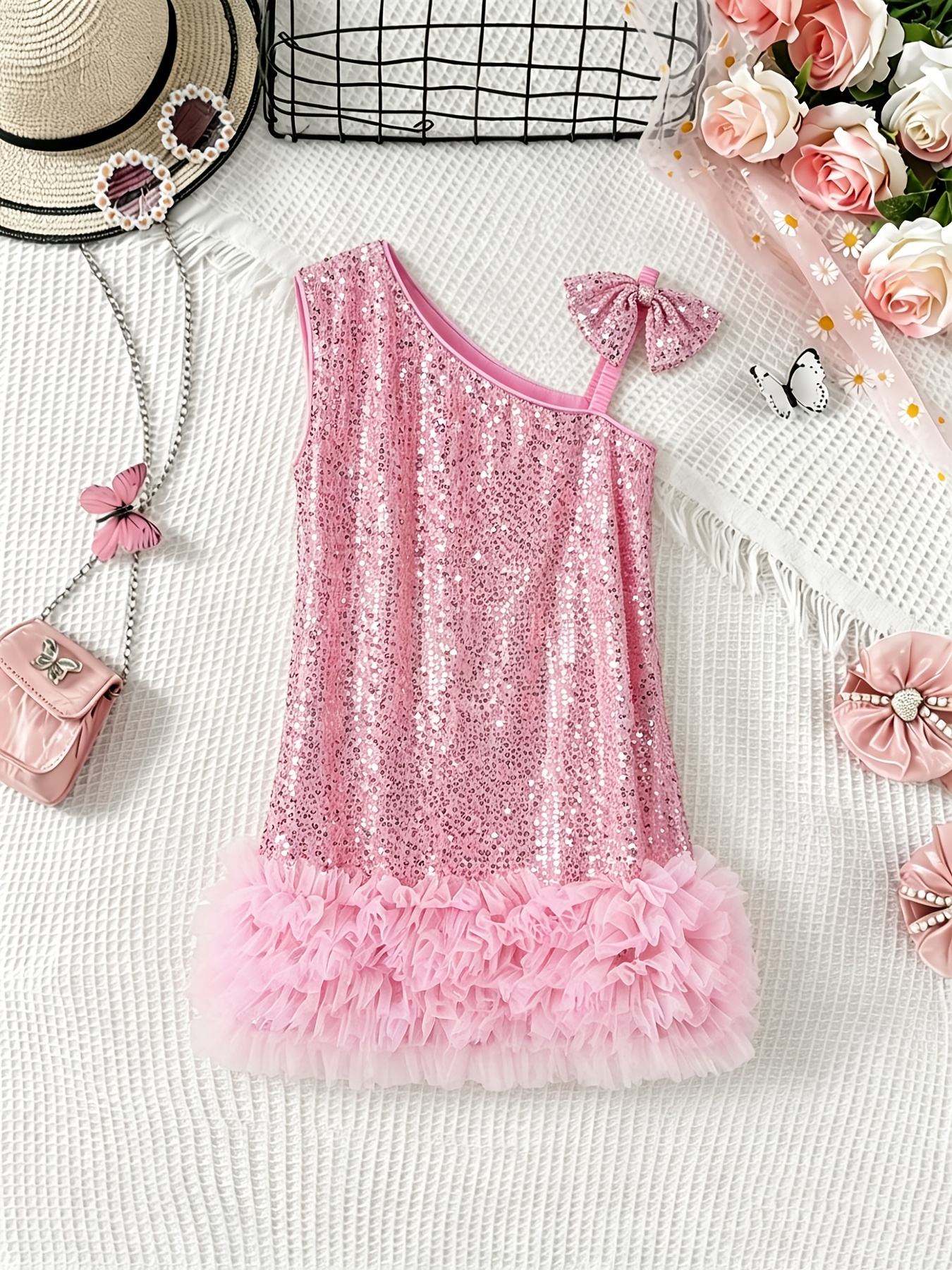 strapless open back dress Fuchsia Sequin One-Shoulder Short Homecoming Dress with Fringe – Modsele main image 1