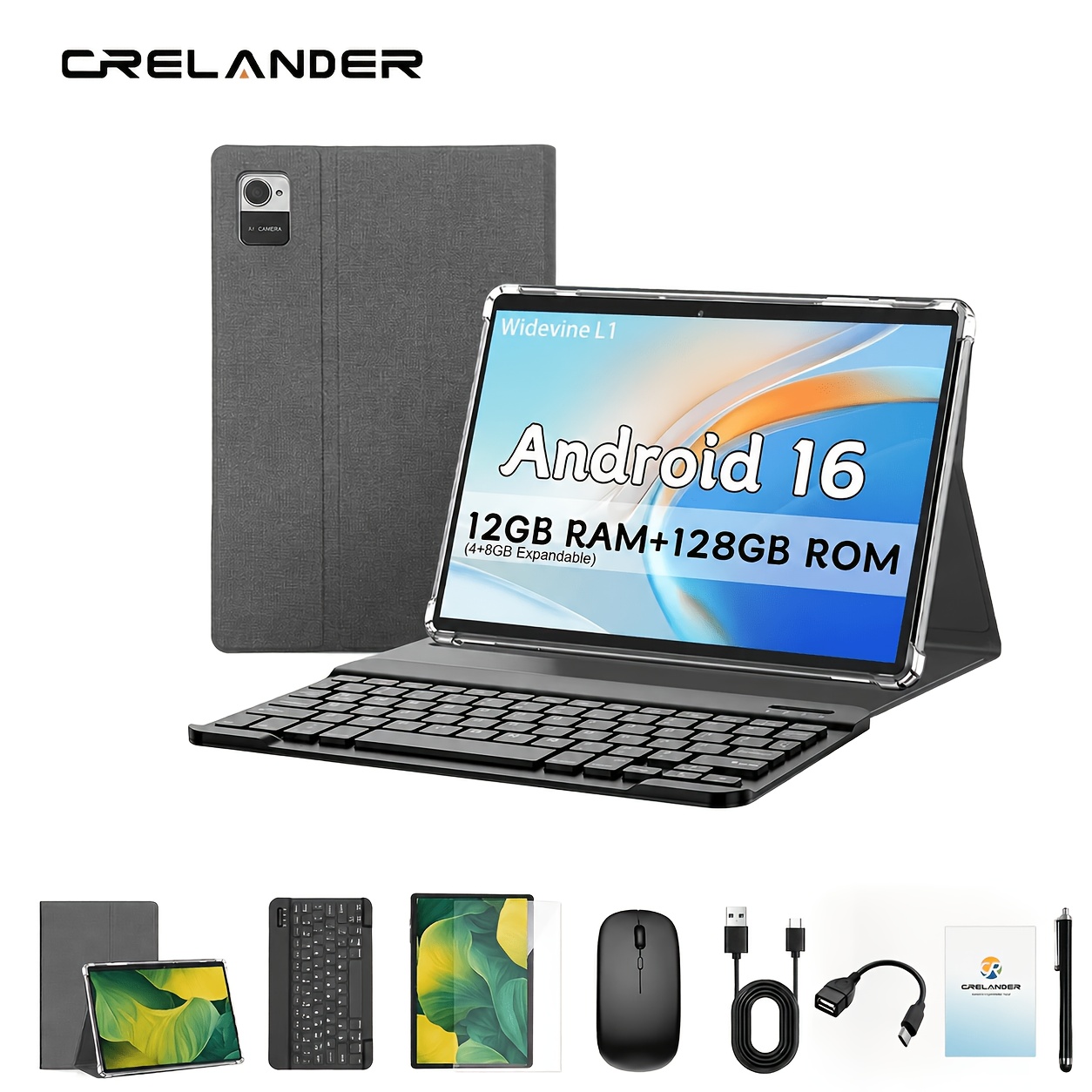 Image of Crelander 16 Tablet, 12gb (4+8gb Expand) 128gb Rom, 10.1inch Lcd Screen, 1280*800 Resolution, Dual Band 2.4g/5g Wifi, Support L1, With Case, Keyboard, Mouse, Google, Gms, , Tablet Pc, 16 Pad