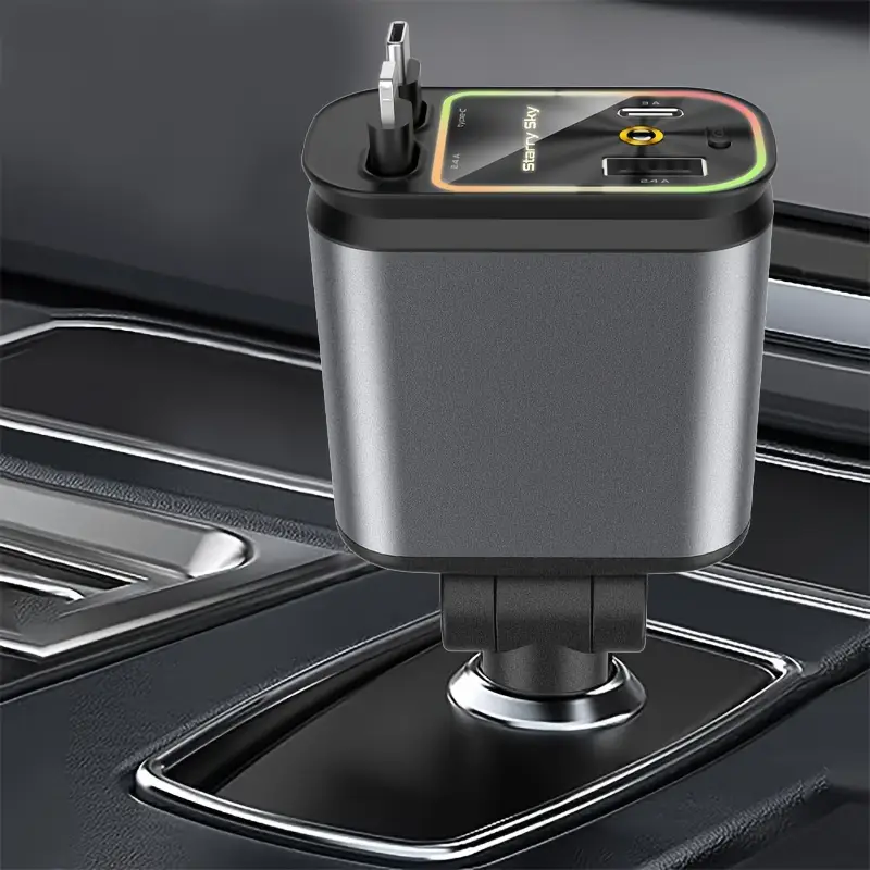 retractable car charger with star projector and flame ambient mood light 4 in 1 fast car mobile phone charger with 2 6ft retractable cable and usb c charger adapter compatible with iphones max 14 pro 11 galaxy s23 22 etc Product details 0