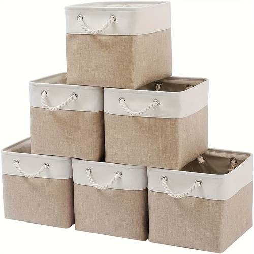 set of 6 collapsible fabric storage bins measuring 11x11x11 inches designed as large cube organizers featuring rope handles made from durable in white and beige stacking and saving space in for home offices closets shelves