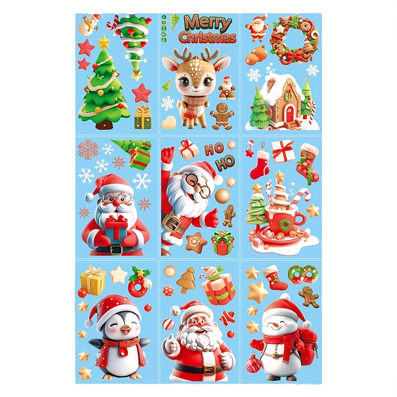 9 Vellen (72 stuks) Kerst Raamstickers - Feestelijke PVC Statische Decals met Kerstmuts, Rendier, Sneeuwpoppen & Vakantiedesigns voor Kerstdecoraties