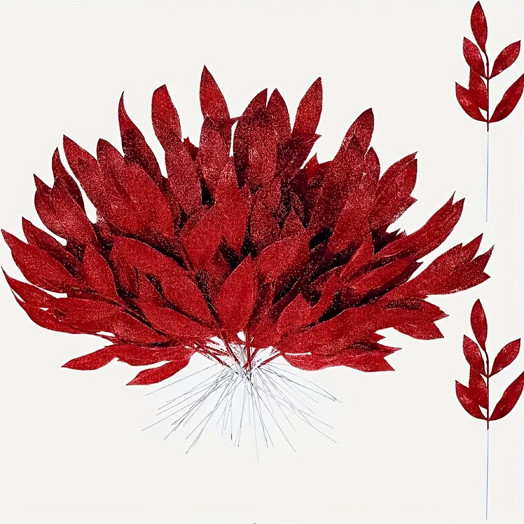 16pcs Artificial Glitter Leaf, Spray Leaf Picks For Christmas Winter Decor, Wedding Wreath Tree Floral Arrangment Vase Decor Bouquets, Home Table Centerpieces Decoration