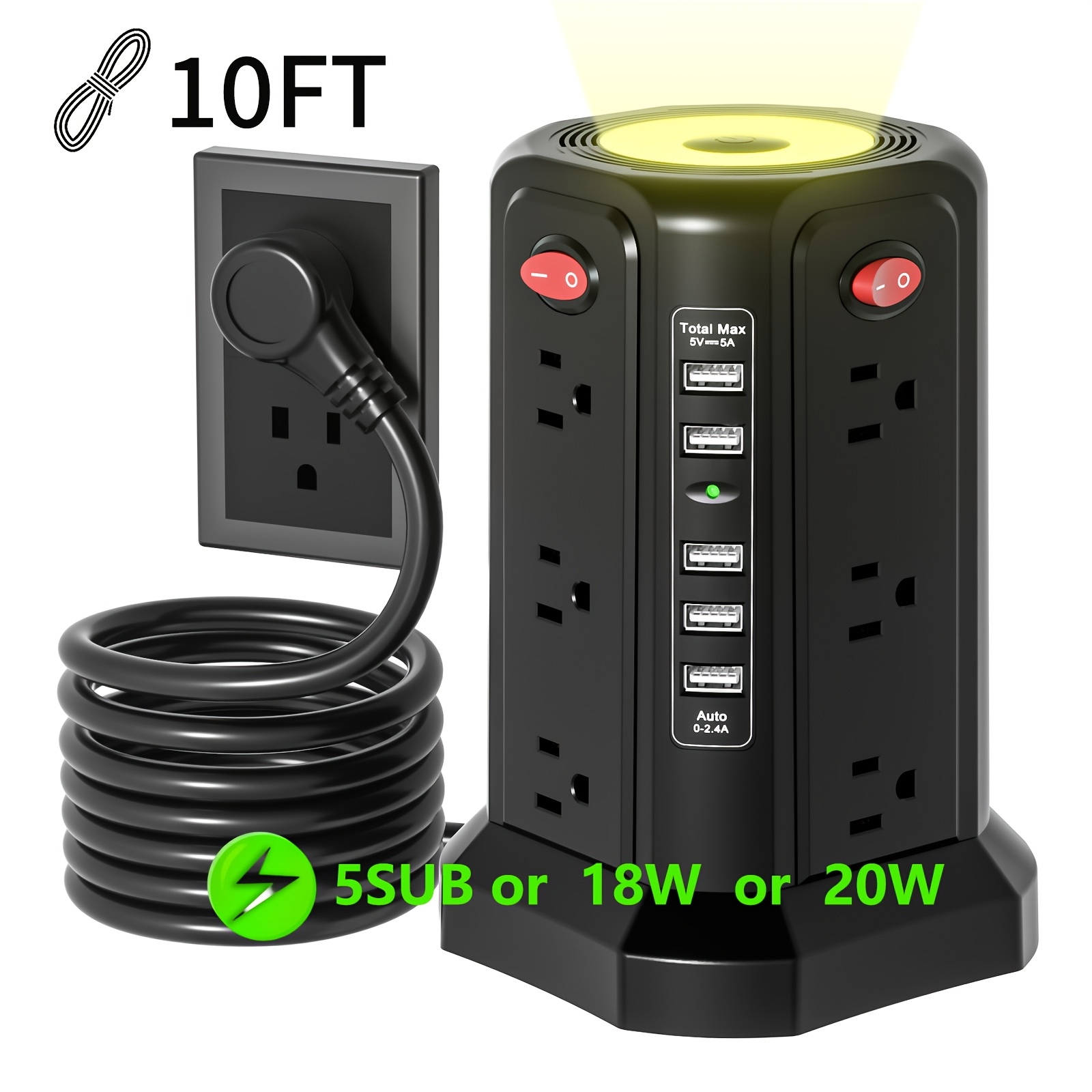 10ft 6ft extension cord with multiple outlets 17in 1   protector power board with usb ports 5 usb   pd18w 20w fast charging with a night light multi plug outlet charging station suitable for home office and   use