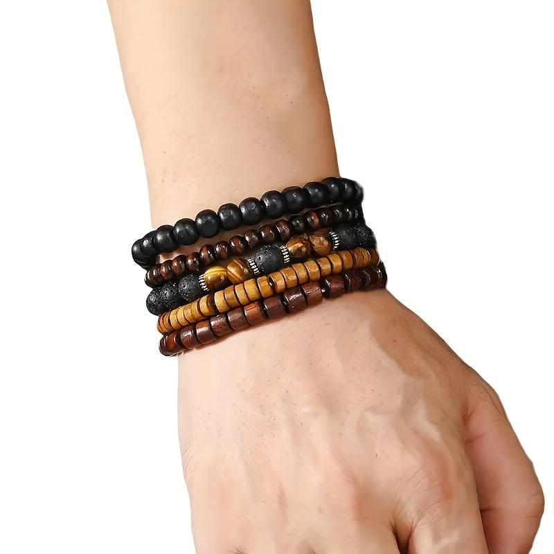 Men's Tiger's Eye Wooden Bead Bangle Bracelet 10pcs Set