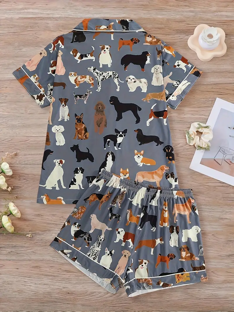 2pcs womens pajama set dog print short sleeve button shirt with loose elastic shorts casual comfortable womens loungewear suitable for summer all year wear Product details 1