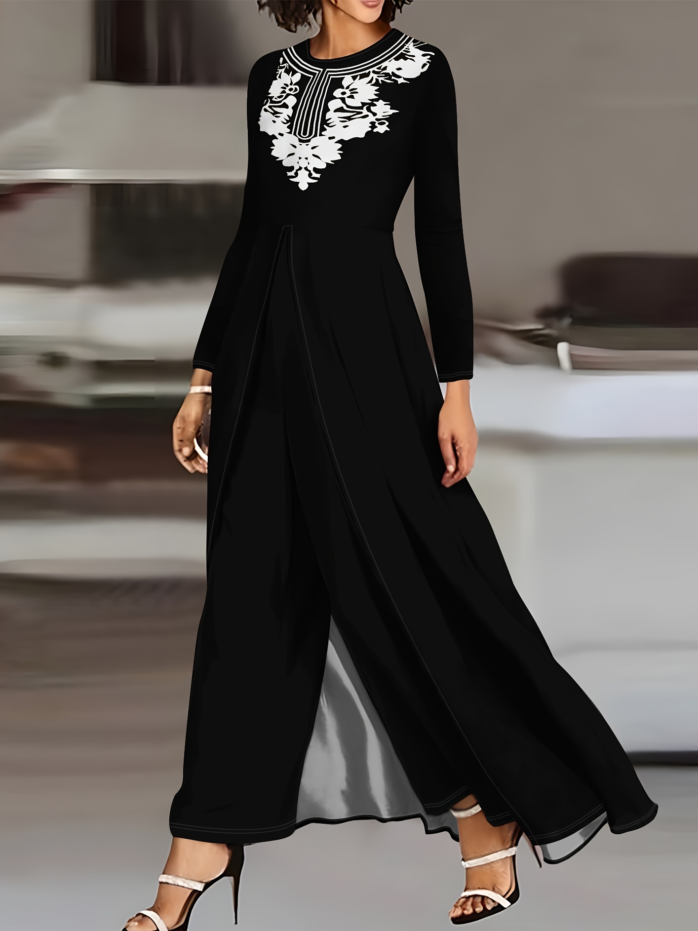 womens elegant black white floral long sleeve dress tribal - Temu Mauritius