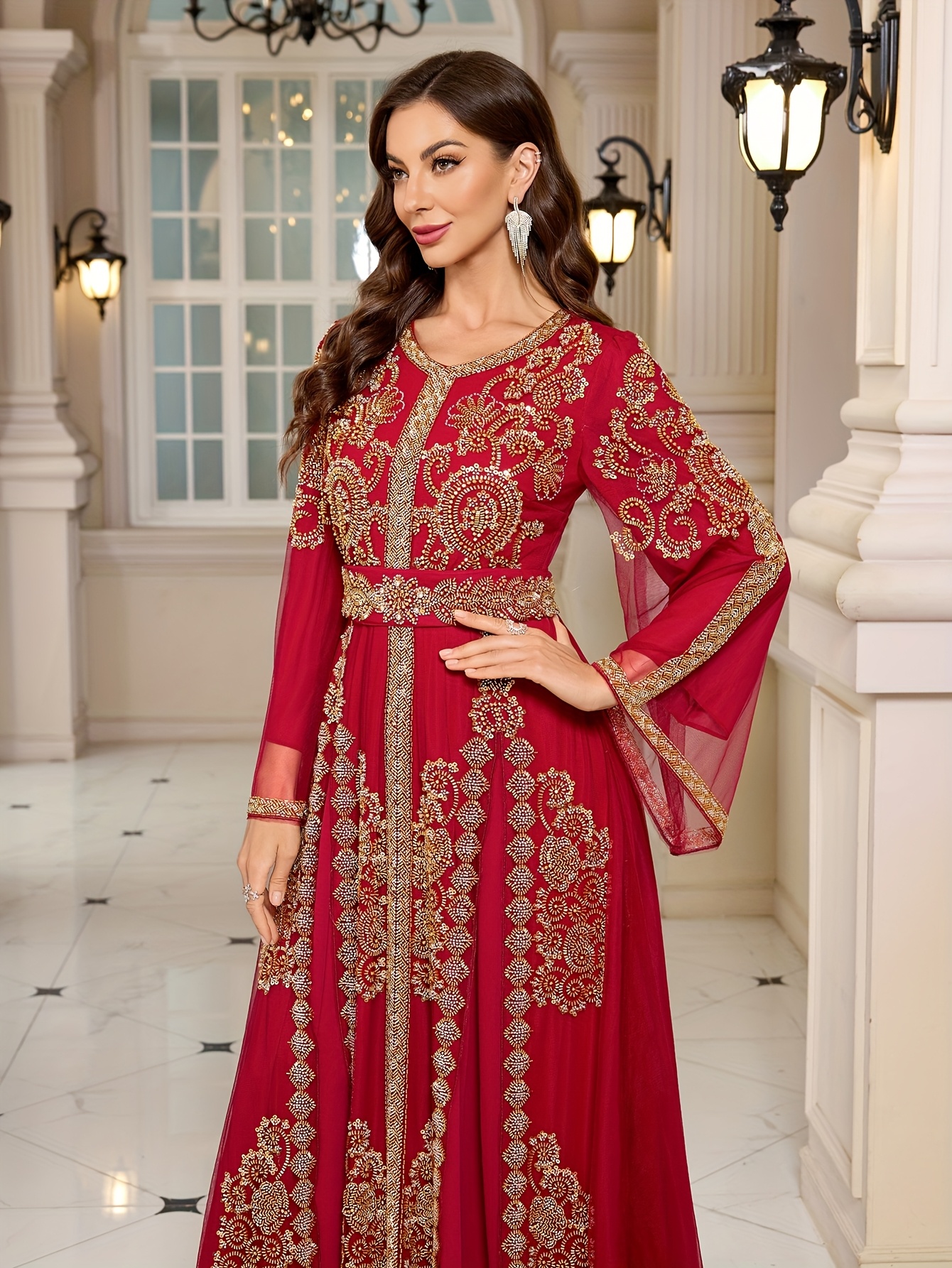 elegant red embroidered maxi dress golden accents long - Temu Mauritius