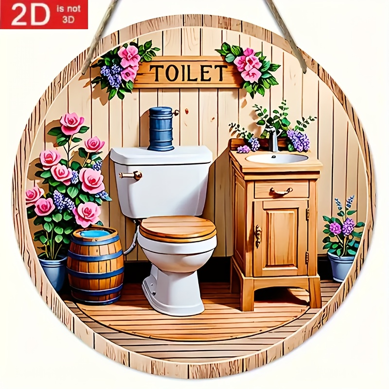 TEMU Plaque de salle de bain 2D plate - Plaque de salle de bain rurale rétro 2D - Décoration murale ronde en bois avec illustration de toilettes, 7,8