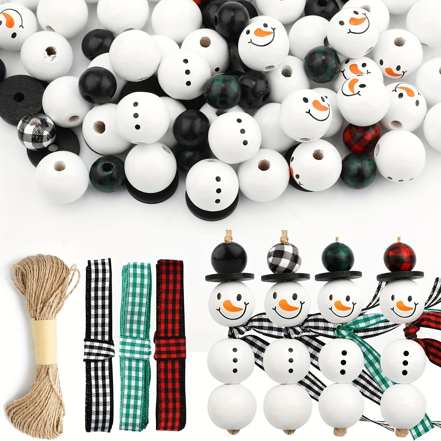 

Kit de guirlande de perles en bois de bonhomme de neige de Noël de 100 pièces avec trous pré-percés, artisanat de bricolage, motifs à carreaux festifs et ficelle pour les décorations des fêtes