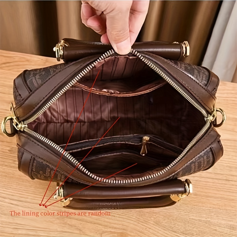 Designer-Inspired Boston Handbag for Women, Large Capacity Shoulder Bag with Zipper Closure, Polyester Lined, Painted Edges, Fashionable Versatile Crossbody Purse for Mature Ladies