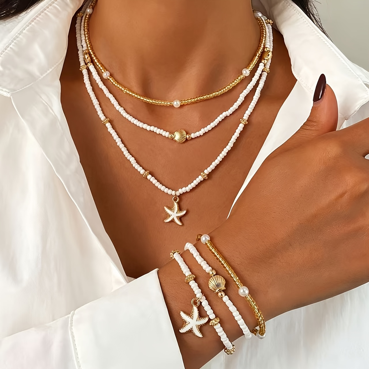 TEMU Juego de 6 piezas: Conjunto de pulseras y collares de cuentas de rocalla en , 3 collares + 3 pulseras, collar bohemio ajustable de cuentas de