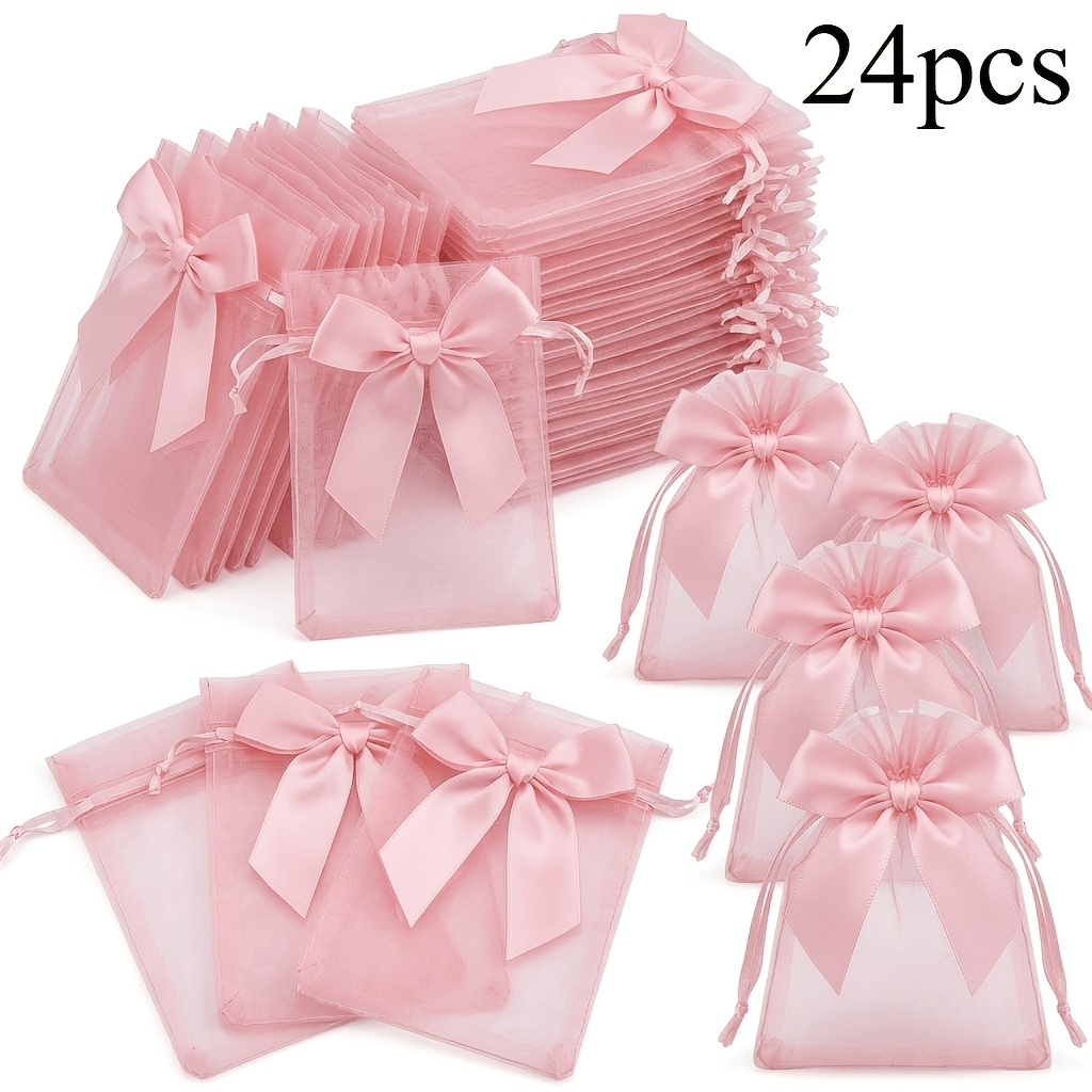 TEMU Pink Mesh Gift Bags, Pink Mesh Drawstring Bags, With Satin Ribbon Bow, Elegant Jewelry Packaging Bags, Suitable For Wedding Gifts, Parties,