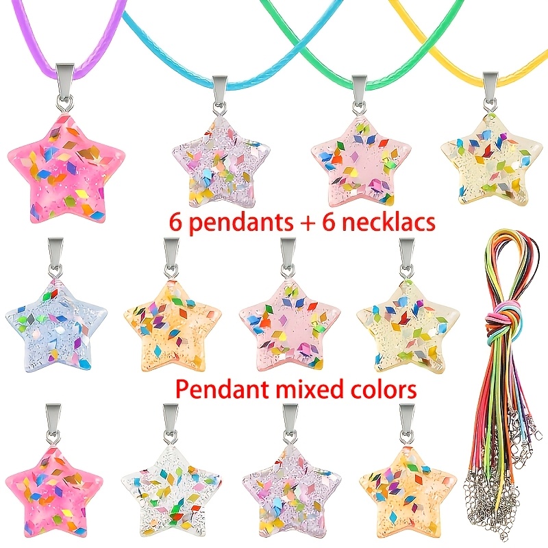 TEMU 6pcs Set Of Colorful Star-shaped Resin Pendant Necklaces, Pentagram Pendants With Adjustable Colorful Chains, Suitable For Diy Necklace Jewelry