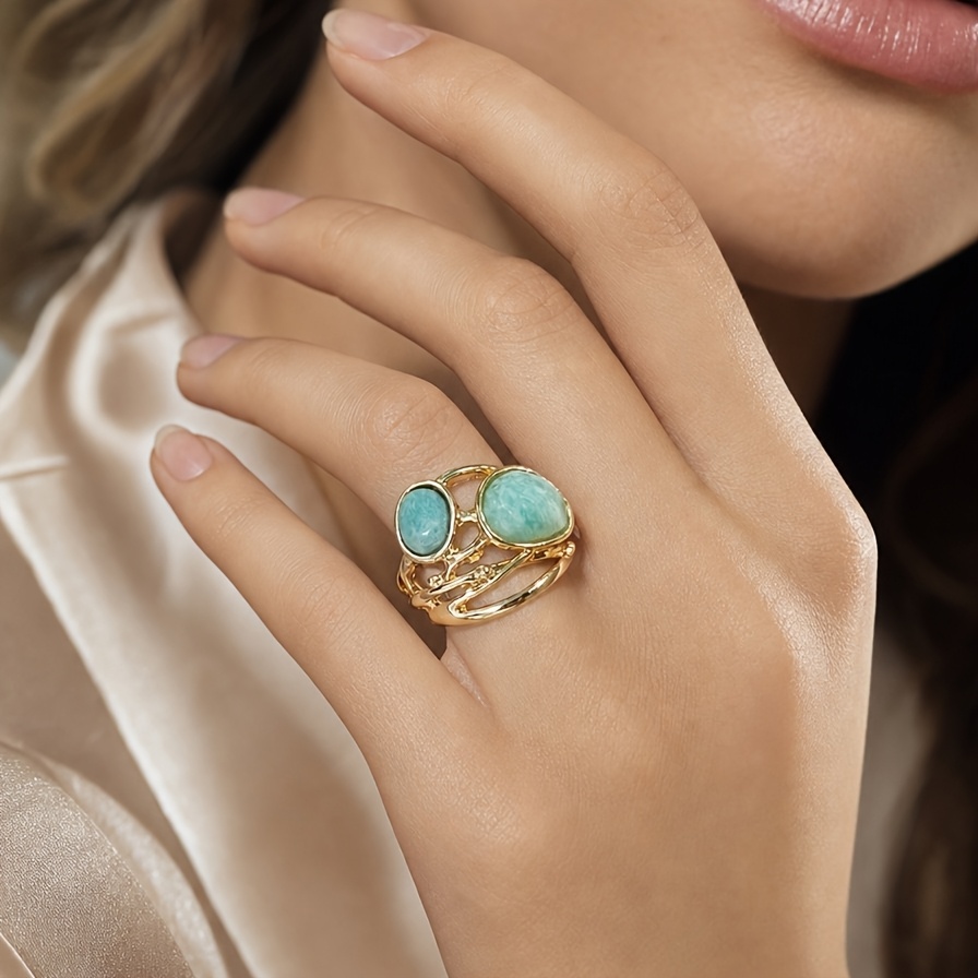 Boho Simple Geometric Natural Stone Amazonite Ring, Adjustable