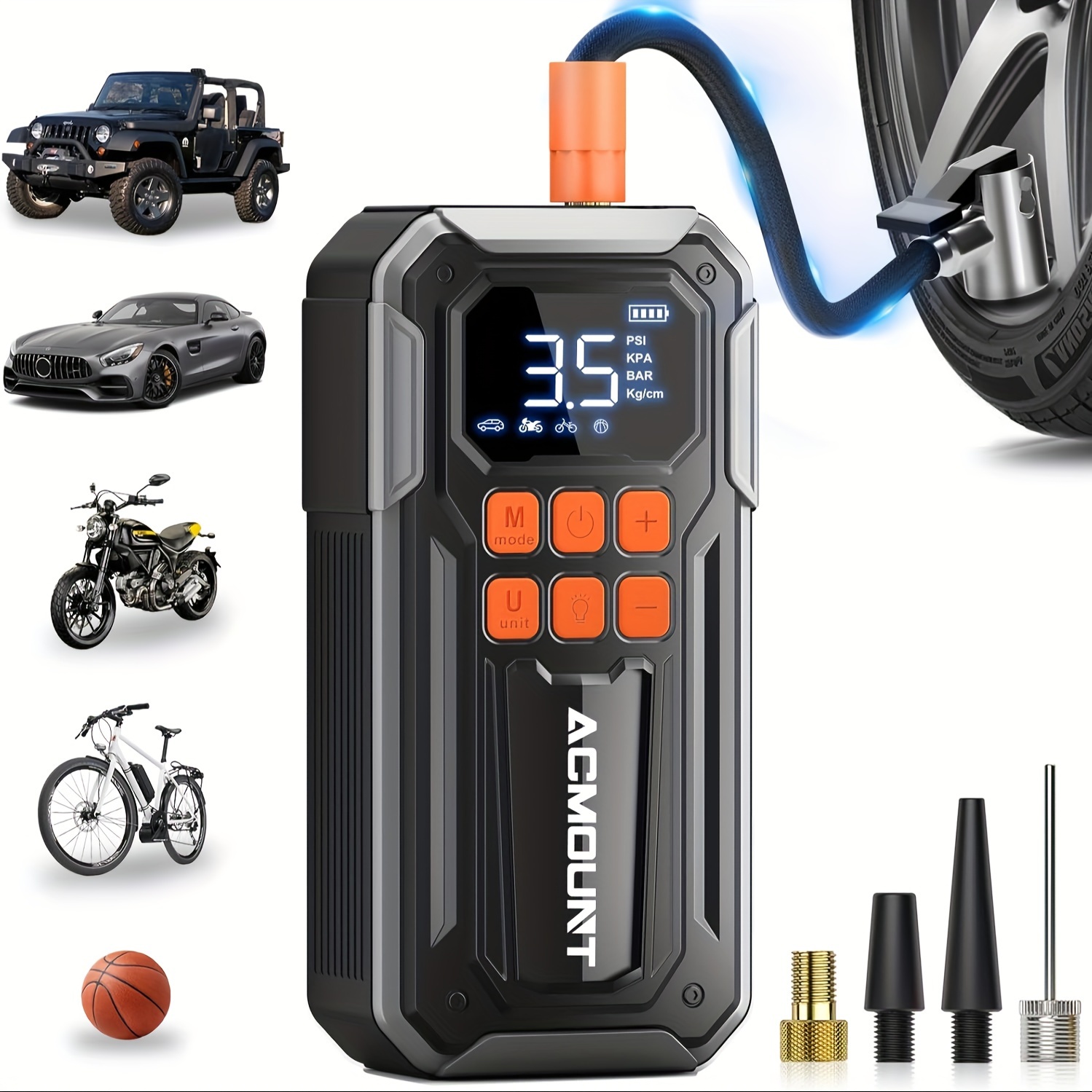 TEMU Tire Inflator Portable 10000mah Air Compressor, 160psi Air Compressor Tire Air Pump, 3x Faster Inflator With 5 , Emergency & 3 Led Light, Cordless Tire Air Pump With Large Cylinders