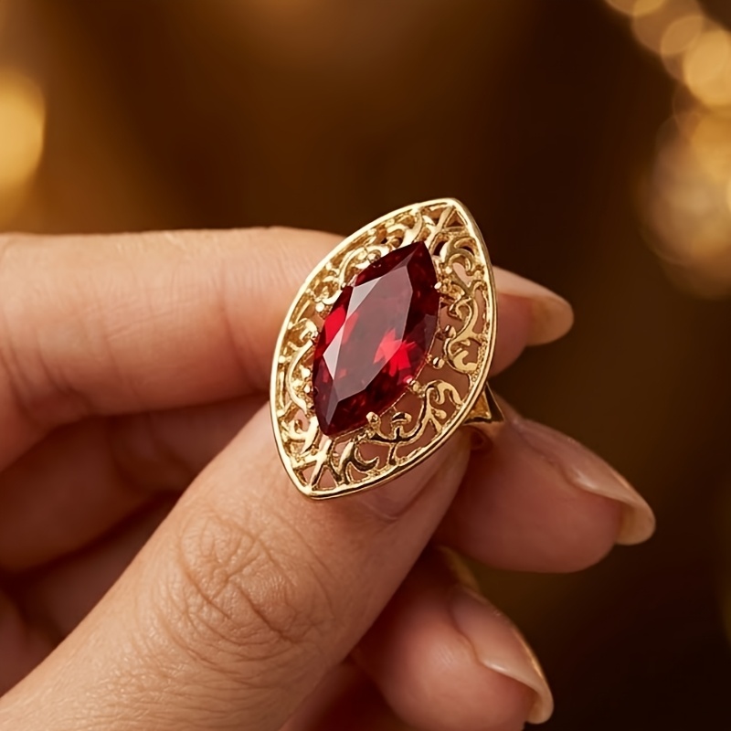 Bohemian-Style Red Glass Women's Vintage Openwork Ring