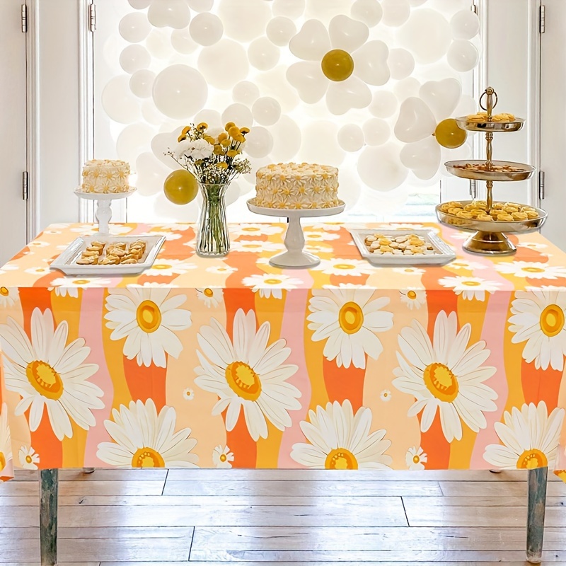 

Boho Chic Daisy Tablecloth - Vintage Hippie , Reusable Plastic Rectangular Cover For Birthday Parties,