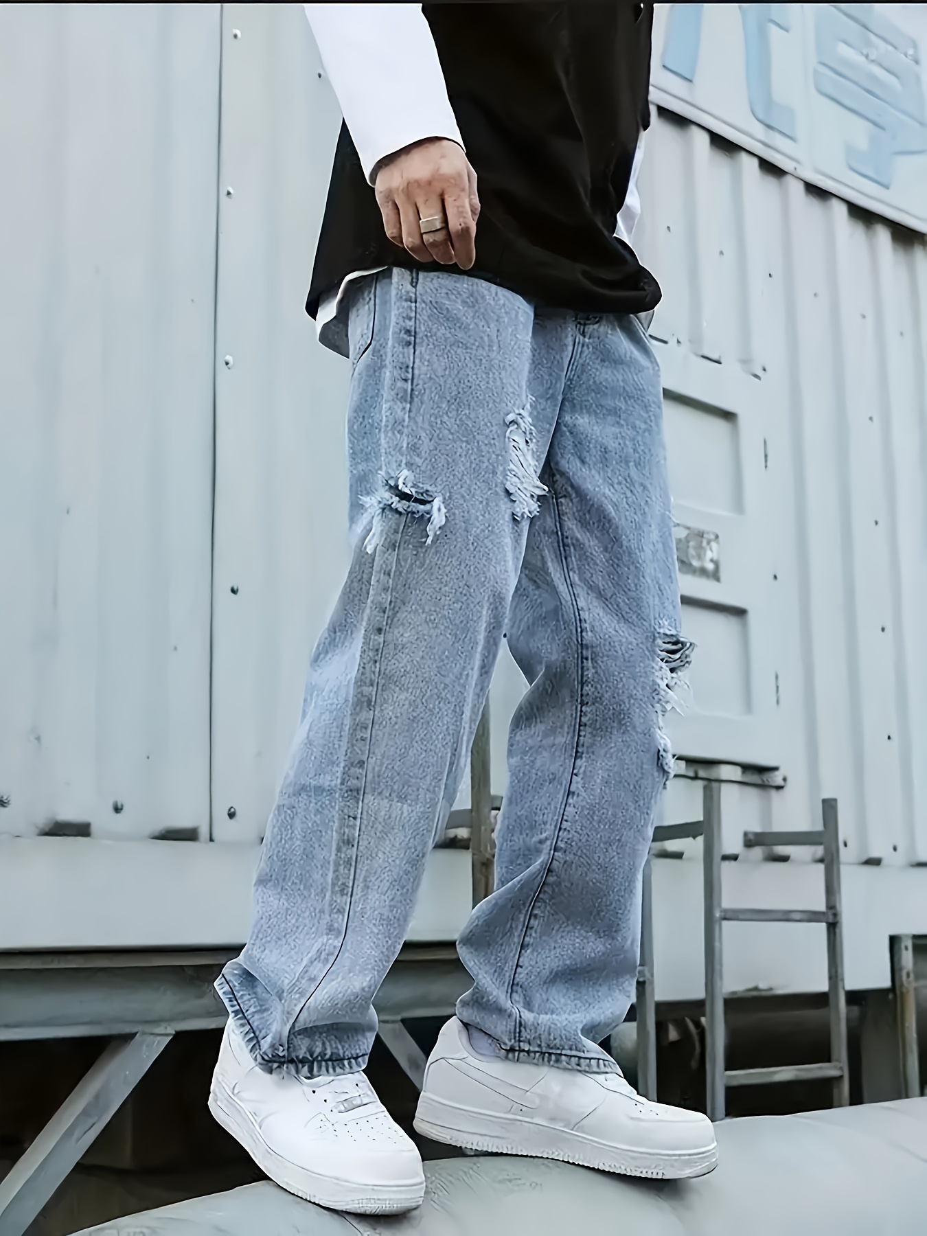 Black Light Blue Ripped Jeans Mens Outfit Mens Vintage Loose Fit