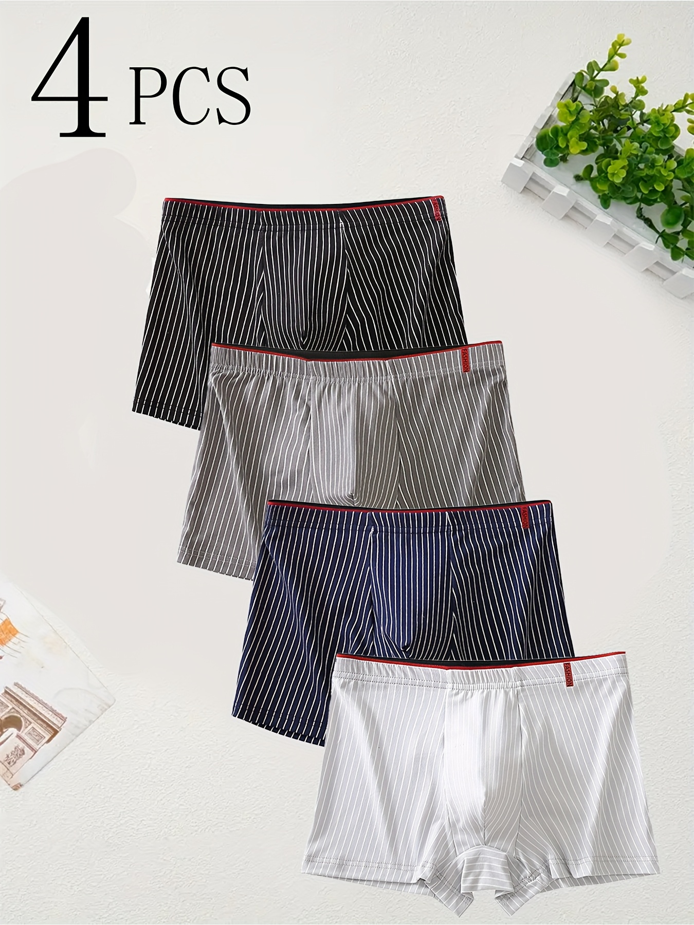 4pcs mens boxer briefs set breathable and soft comfortable for all seasons trendy classic striped pattern color mixing 4 0
