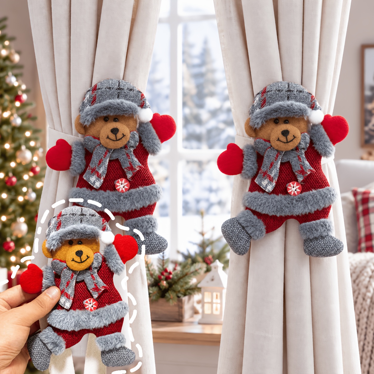 TEMU 2pcs Christmas Themed Felt Fabric Doll Curtain Tiebacks, Large Size Curtain Tieback Decorations, Santa Claus, Snowman, Reindeer, And Brown Bear