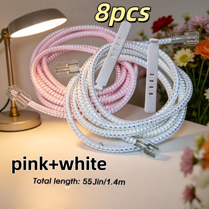 TEMU Lot de 8 protège-câbles de charge blancs et roses + serre-câble. Enrouleur de câble de données flexible de 4,6 pieds.