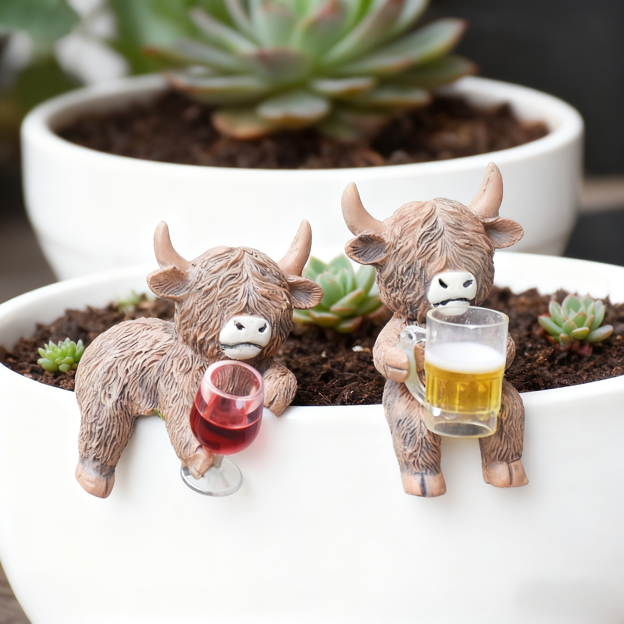Image of Highland Cow Resin Set With 2 Drinking Cups, Perfect For Decorating Flower Pots, Gardens, Aquariums And , A Great Gift For For Halloween Thanksgiving Christmas Decorations Collectible Figurines