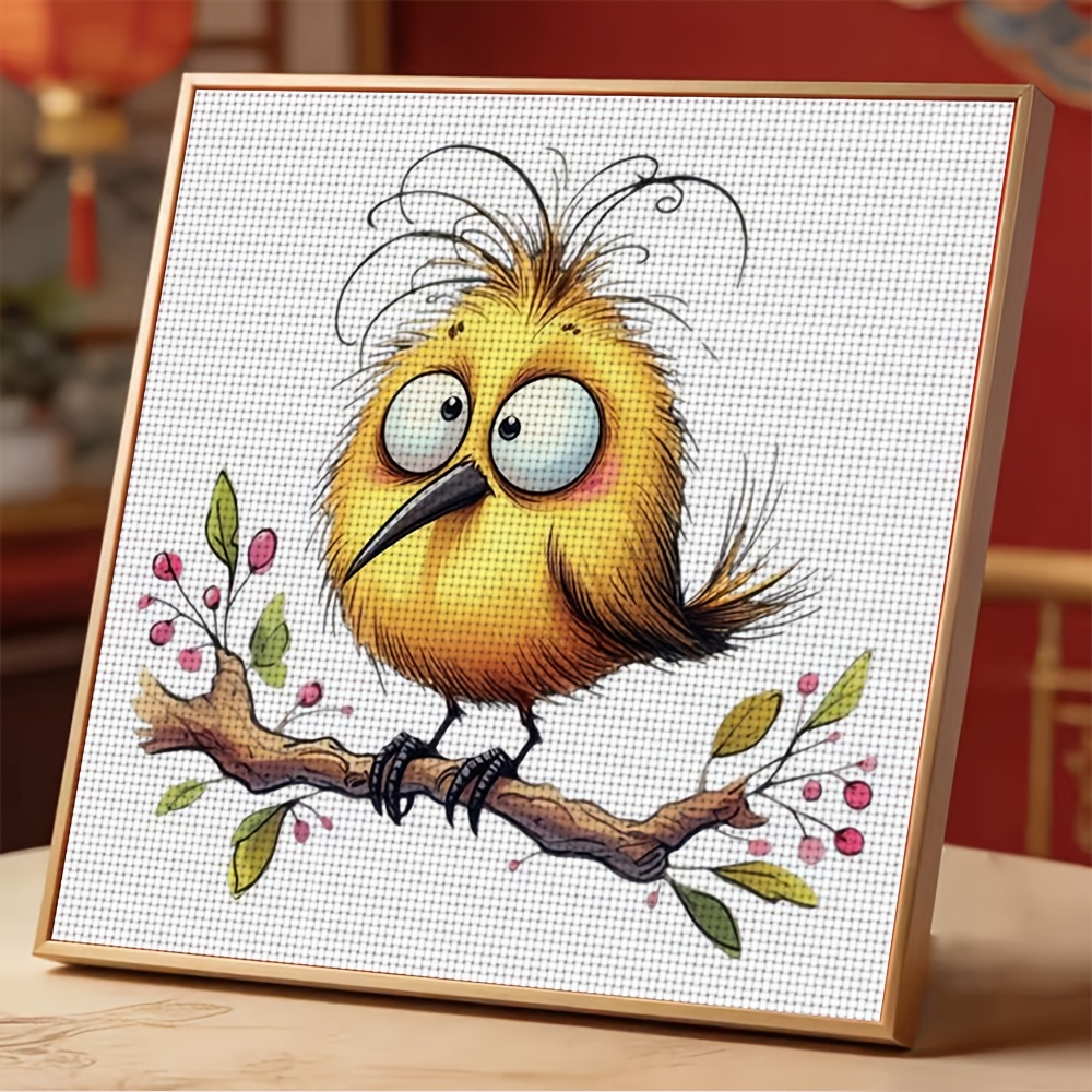 Cross-Stitch Printed Kit, Cartoon Yellow Bird on Branch