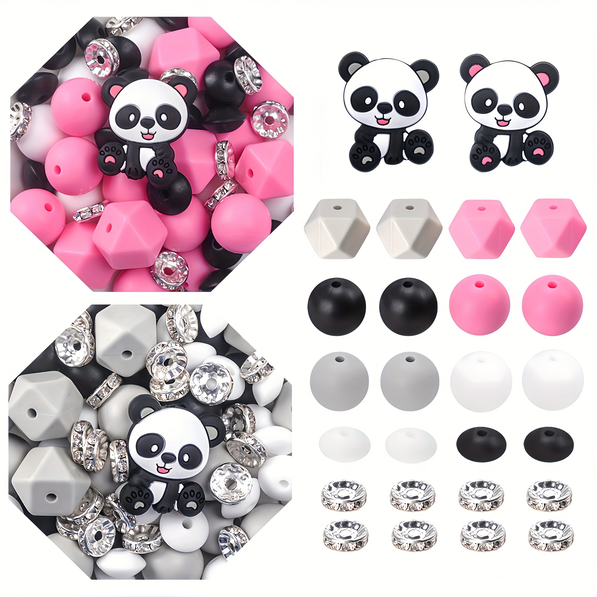 TEMU 36pcs Panda Silicone Beads Jewelry Making Kit - 12/15/27mm Hexagon Round Spacer Beads Necklace/keychain Crafting, Diy Craft Supplies Gift For Women Men Art Enthusiasts