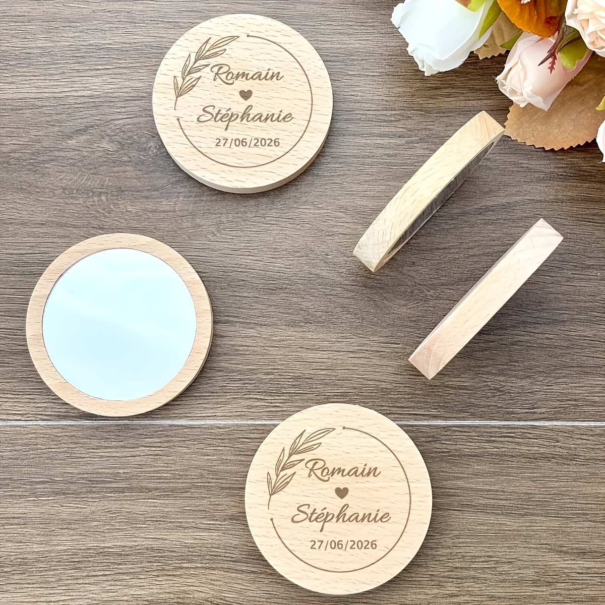 TEMU Recuerdo de boda personalizado, espejo de bolsillo de madera personalizado para invitados, regalo de boda personalizado, pequeño espejo de