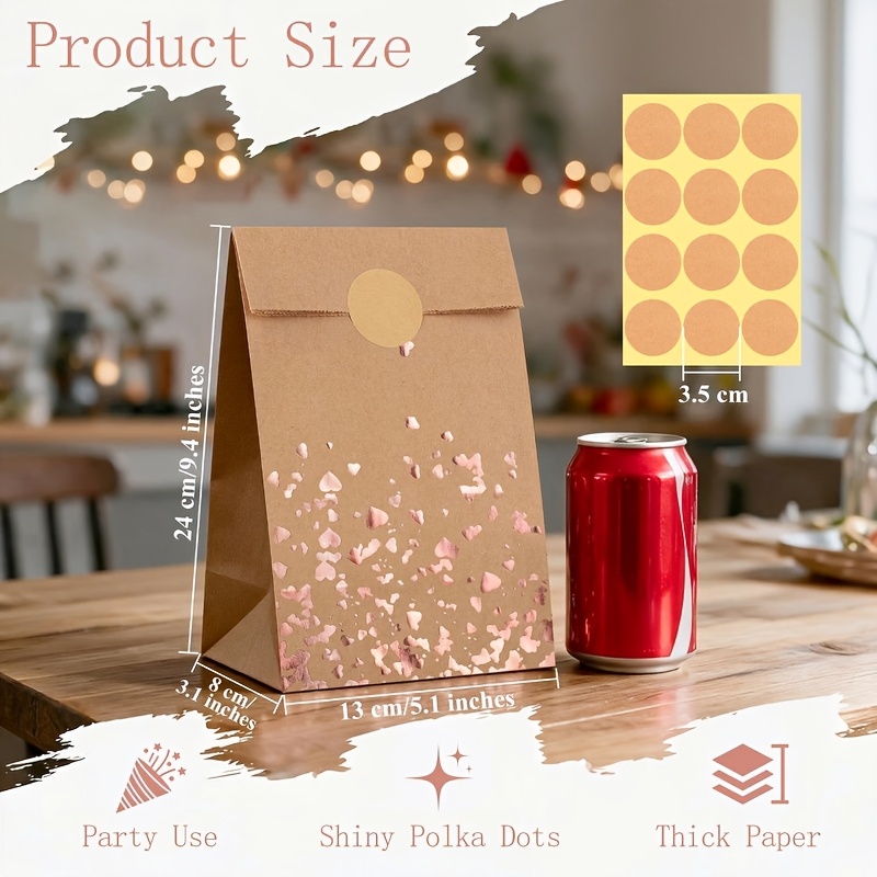 TEMU 48- set inclusief 24 geschenkzakjes + 24 ronde stickers, roségouden kraftpapieren geschenkzakjes, snoepgeschenkpapierzakjes, geschenkzakjes met