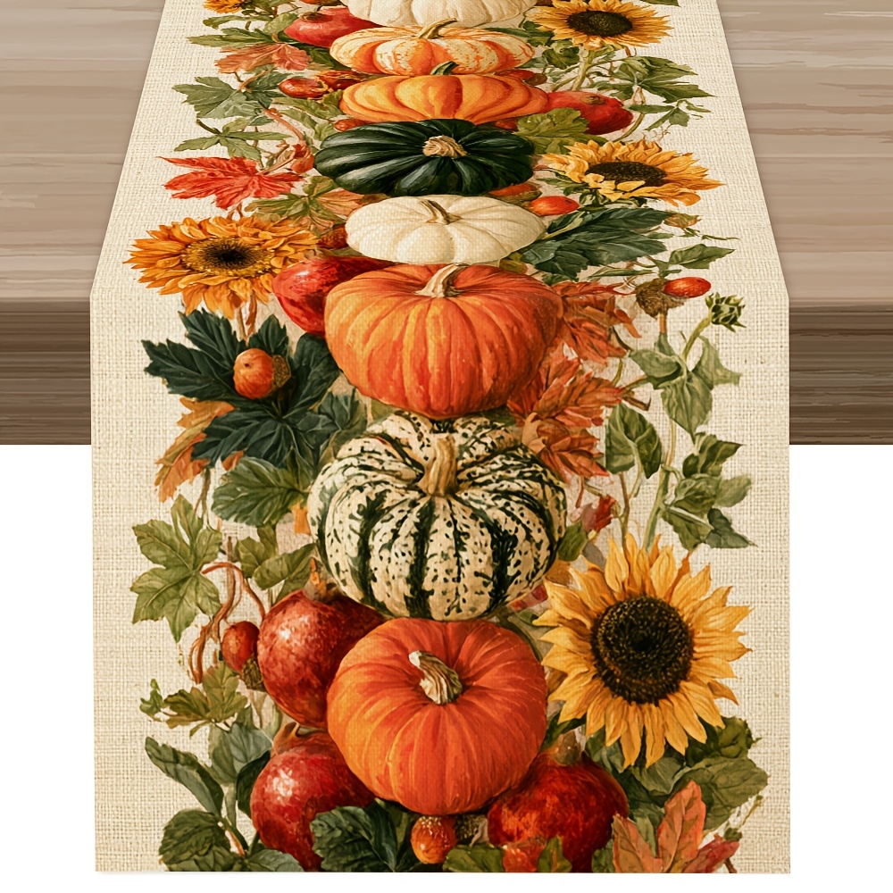 TEMU 1pc Pumpkin Gourd Sunflower Table Runner, Style, Latest Autumn Table Runner, Printed Polyester Table Runner, For Kitchen And Home, Home Goods,
