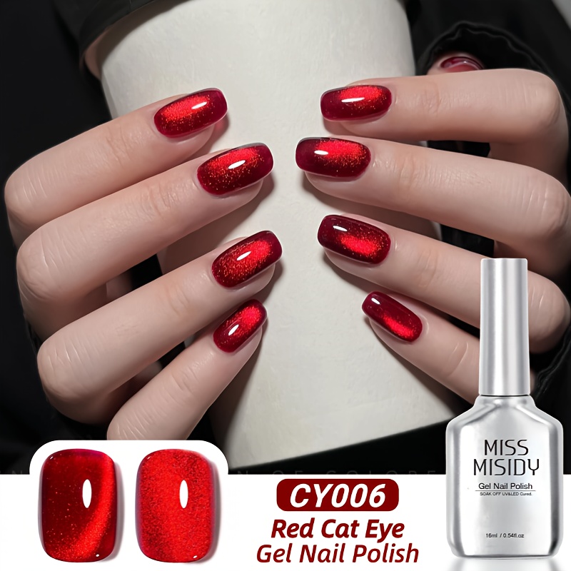 TEMU Miss Misidy Red Cat Eye Gel Nail Polish, 16ml Glitter Holographic Nail Polish, Reflective Translucent Gel, Soak Off Gel Polish Art For Manicure At Home For Women, Perfect For Christmas Gifts