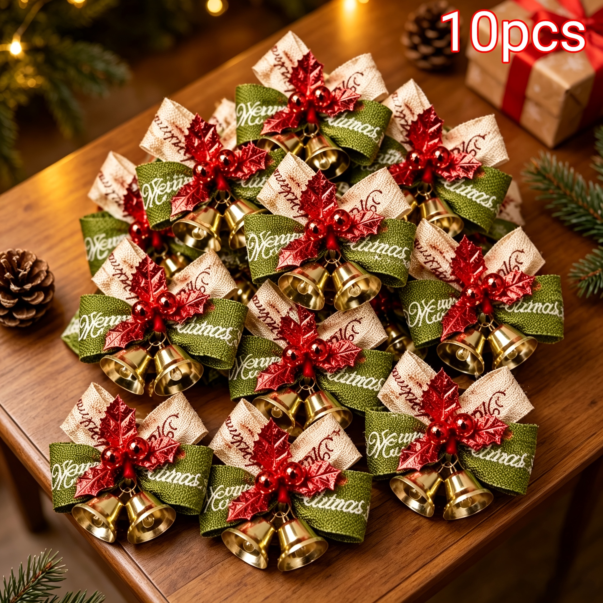 TEMU 10pcs Cloches Noël de nœud, parfaites pour la décoration de sapin de Noël, de cadeaux, , les fêtes du Nouvel An - Petit ornement avec pointe