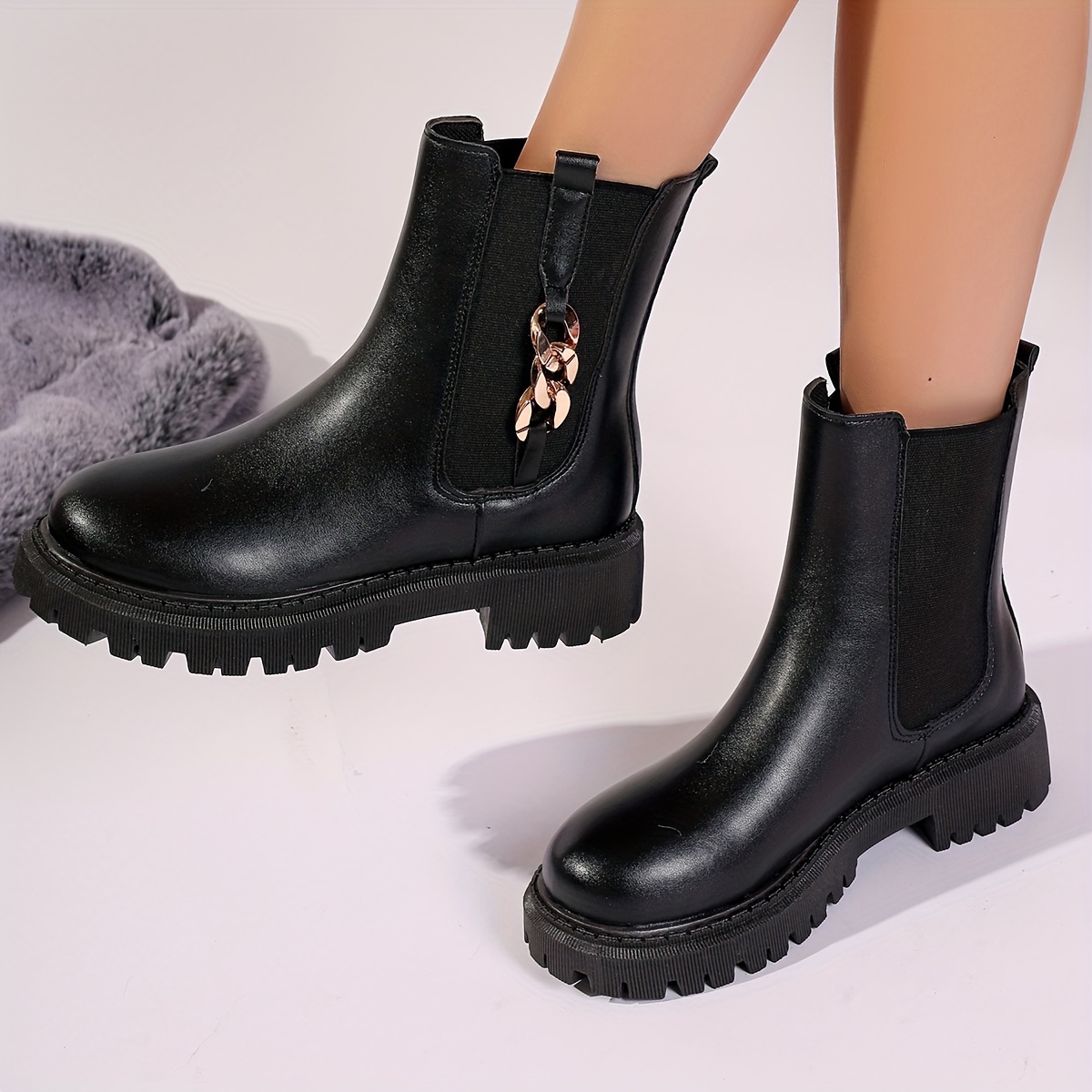 

Women's Solid Color Stylish Boots, Platform Soft Sole Metallic Chain Boots, Round Toe Comfort Chelsea Boots