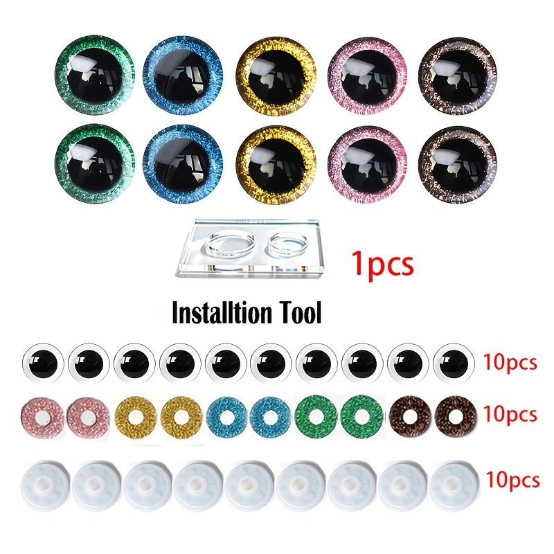 TEMU 31pcs (10pcs 10pcs Washer+10pcs Fabracs+1pc Installattion)large Size Glitter Safety Eyes With Installation Tool Kit, 3d Shiny Sparkle Toy Eyes