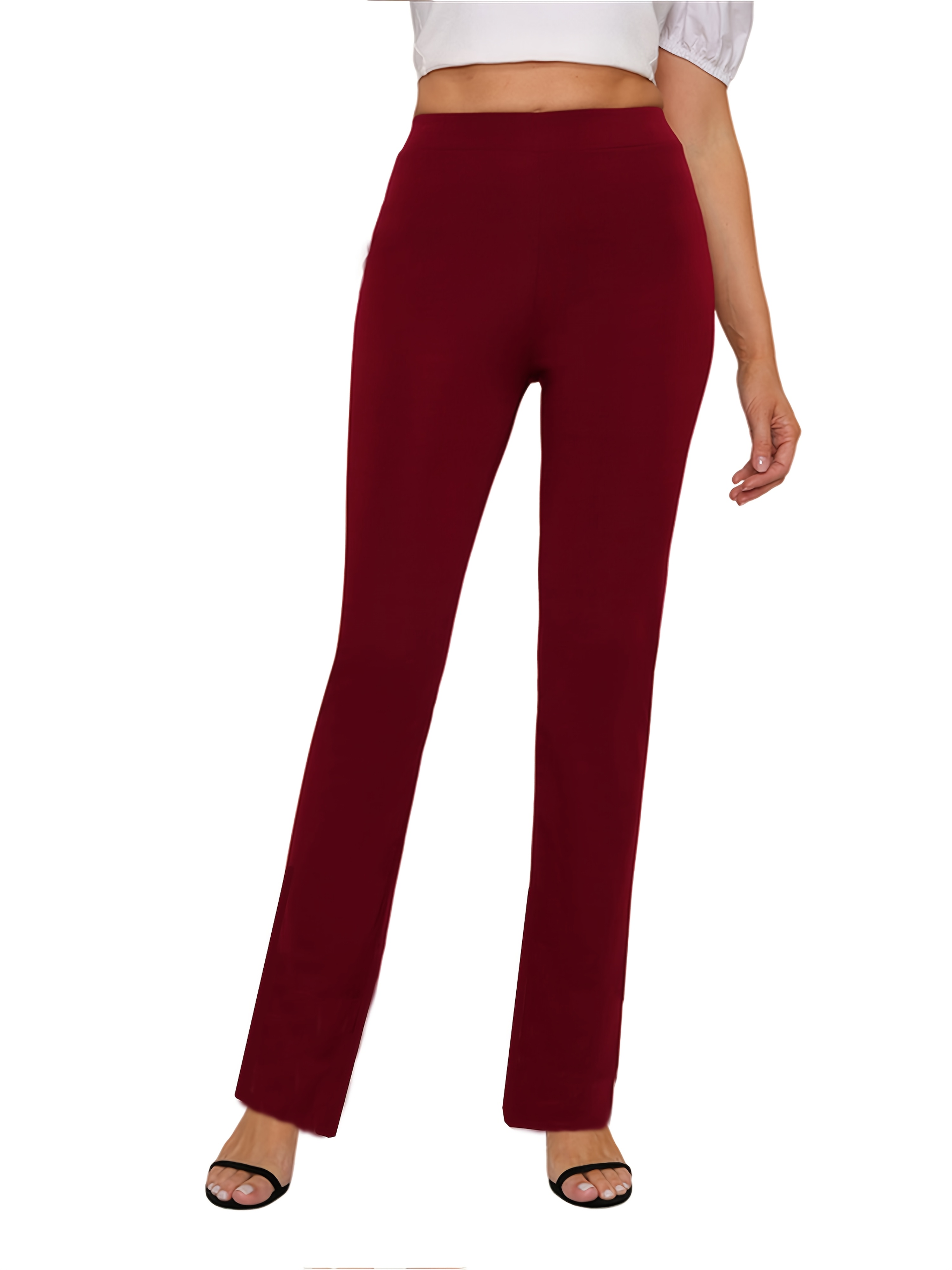 Women'S High-Waist Solid Color Maroon Pants - Slim Fit, Straight Leg, Polyester Blend, Machine Washable, All-Season Comfort, Versatile for Casual & Formal Outfits, Formal Attire, Sleek Appearance, Smooth Texture