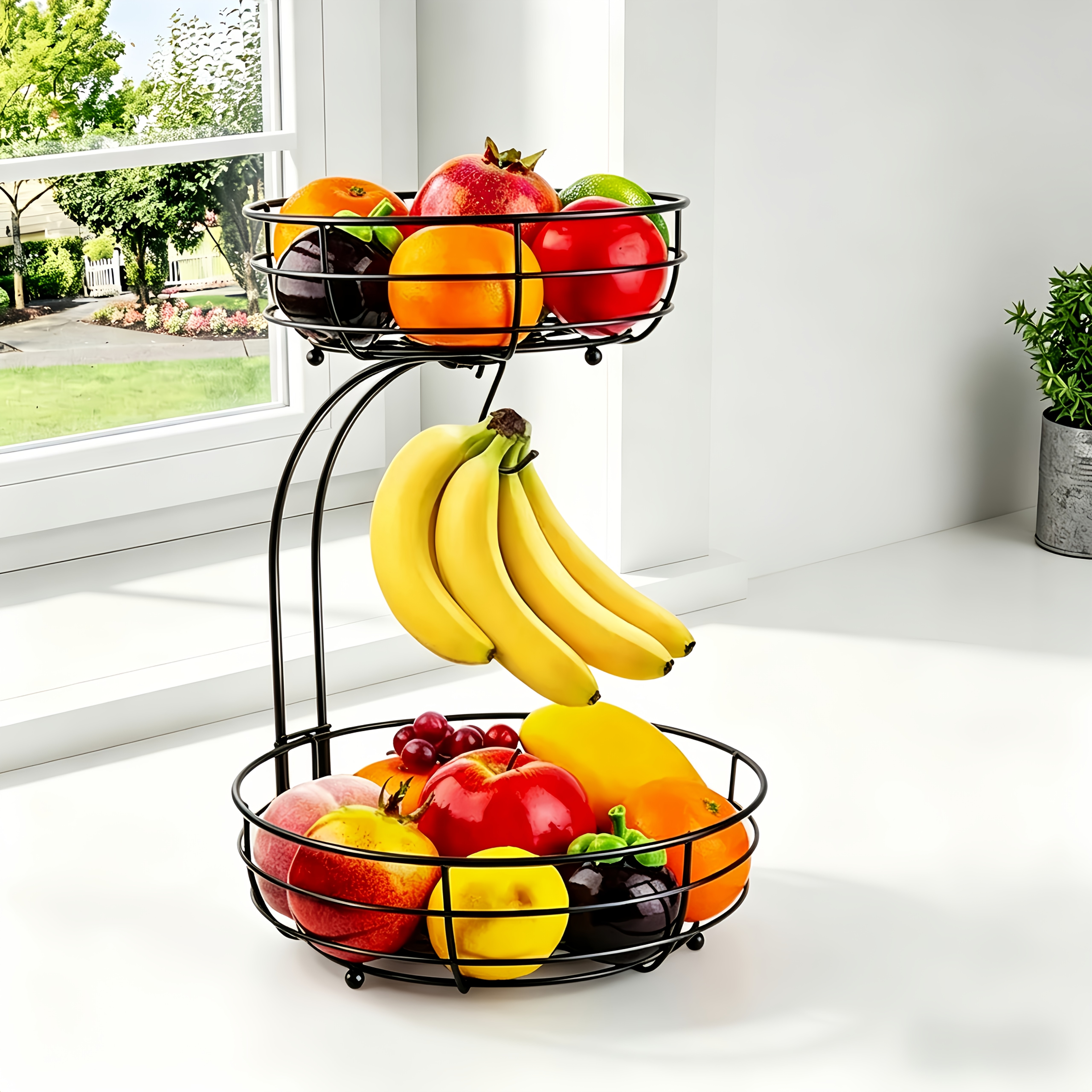 TEMU 2 Tier Countertop Fruit & Vegetable Basket Bowl Storage Rack With Banana Hooks, Space Saving Multi-functional Kitchen Rack, Snack & Fruit Rack For Fruits, Vegetables, Bread, Snacks